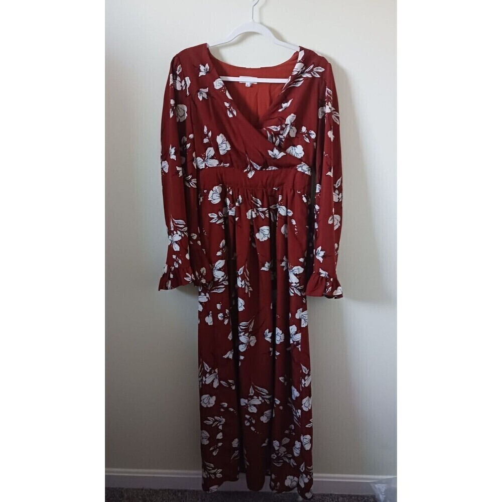 Ash Rain‎ + Oak Boho Floral Maxi Dress Women S Burgundy White V Neck Long Sleeve